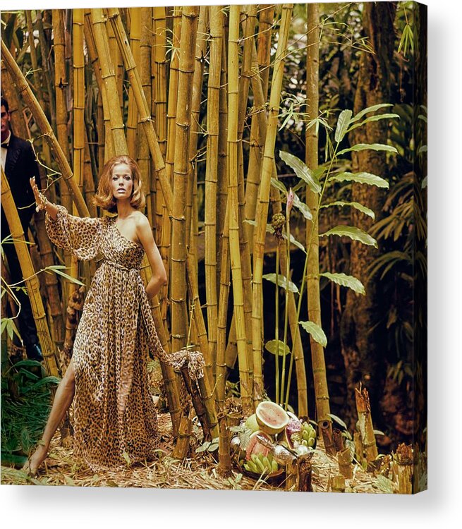 Fashion Acrylic Print featuring the photograph Model Wearing A Galanos Dress In Front Of Bamboo by Henry Clarke