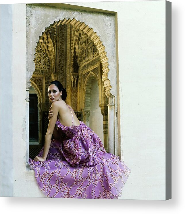Architecture Acrylic Print featuring the photograph Model Wearing A Purple Dress by Raymundo de Larrain