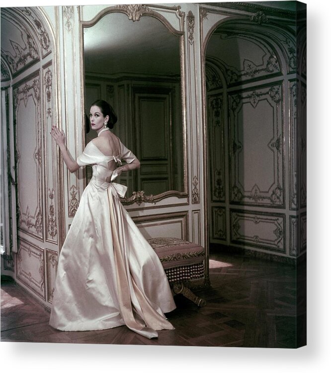 Fashion Acrylic Print featuring the photograph Model Wearing A Satin Evening Dress By Griffe by Henry Clarke