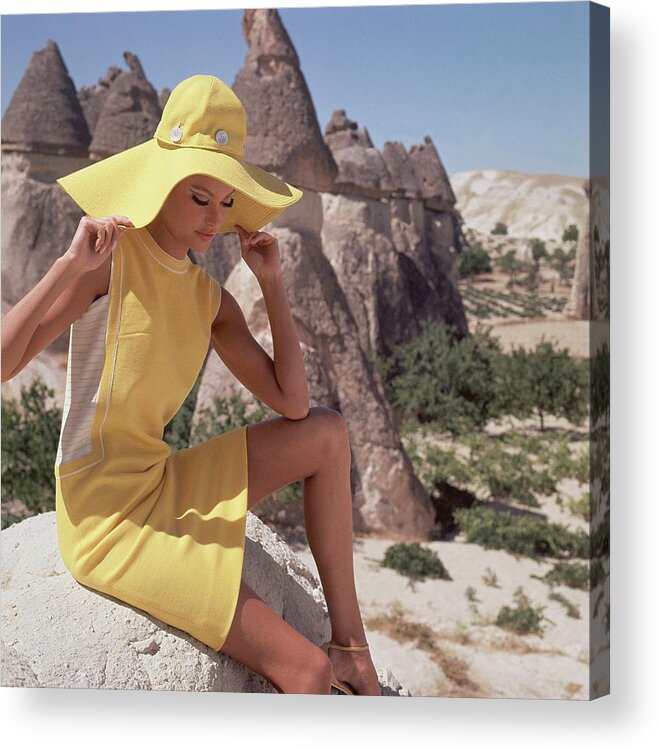 Fashion Acrylic Print featuring the photograph Model Wearing A Yellow Dress By Leslie Fay by Henry Clarke