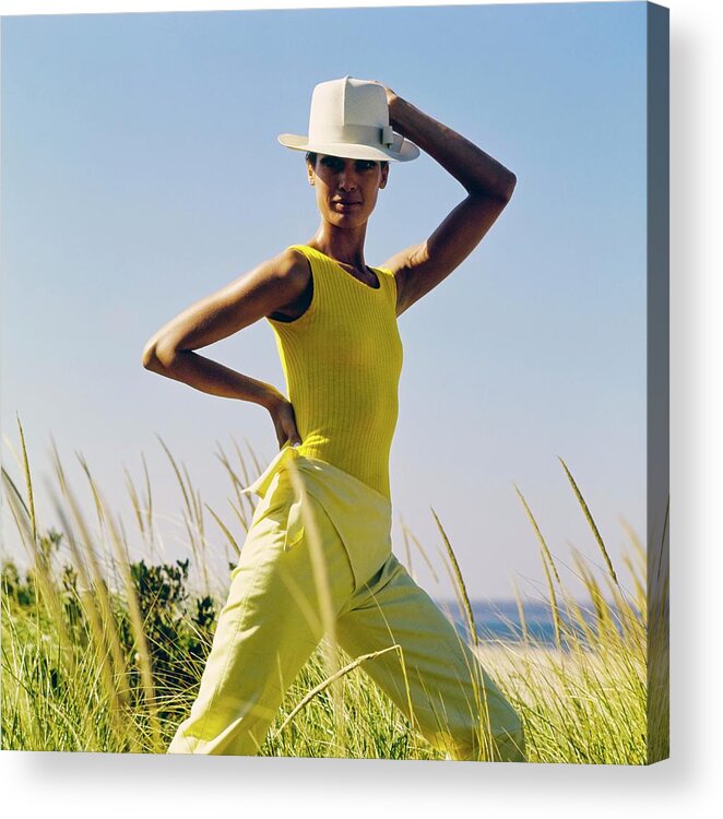 Fashion Acrylic Print featuring the photograph Model Wearing A Yellow Loomtogs Ensemble by John Cowan