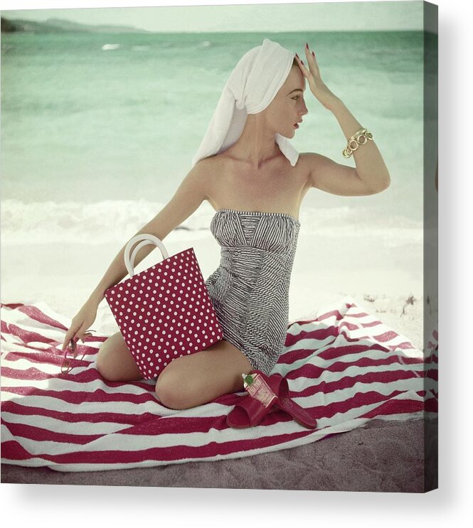 Fashion Acrylic Print featuring the photograph Model With A Polka Dot Bag On A Beach by Roger Prigent