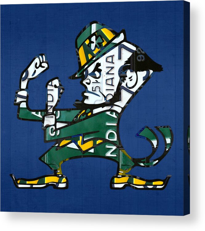 Notre Dame Acrylic Print featuring the mixed media Notre Dame Fighting Irish Leprechaun Vintage Indiana License Plate Art by Design Turnpike