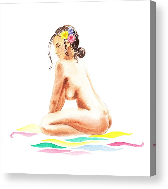 Nude Acrylic Print featuring the painting Nude Model Gesture XVI Tropical Flower by Irina Sztukowski