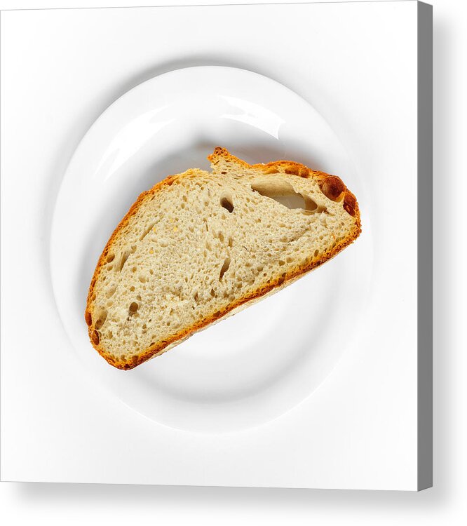 Bread Acrylic Print featuring the photograph One slice of bread white plate and background by Matthias Hauser