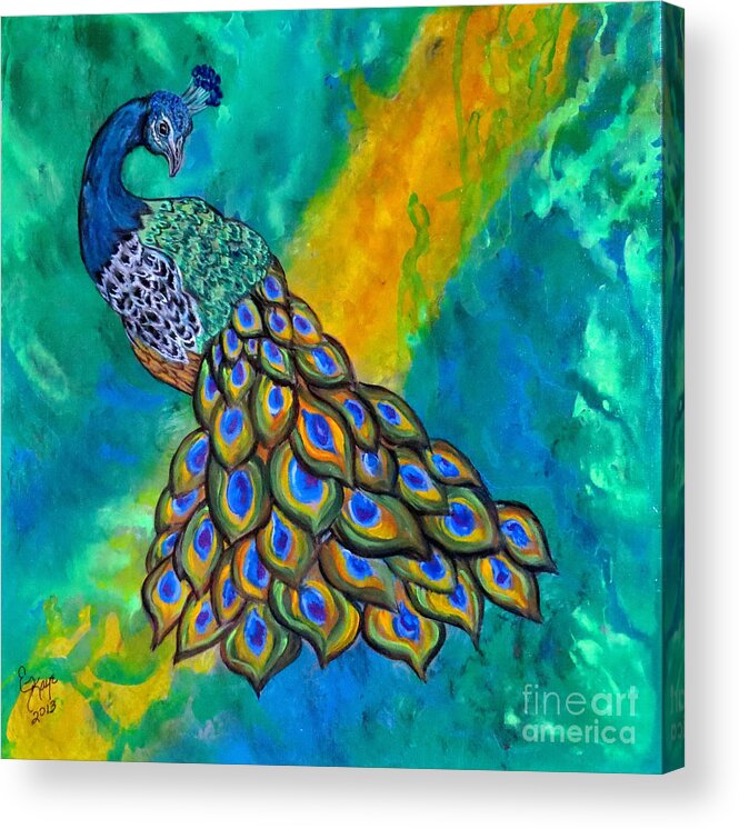 Peacock Acrylic Print featuring the painting Peacock Waltz II by Ella Kaye Dickey