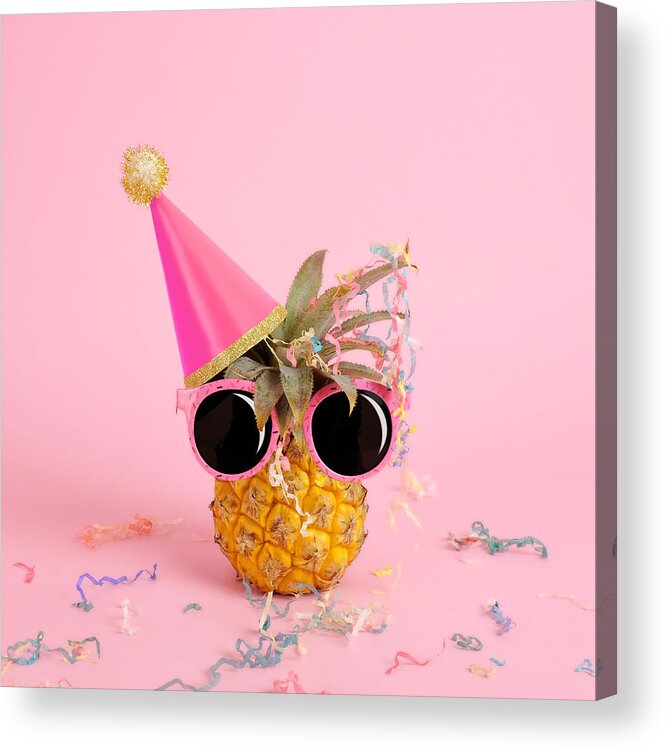 Celebration Acrylic Print featuring the photograph Pineapple Wearing A Party Hat And by Juj Winn