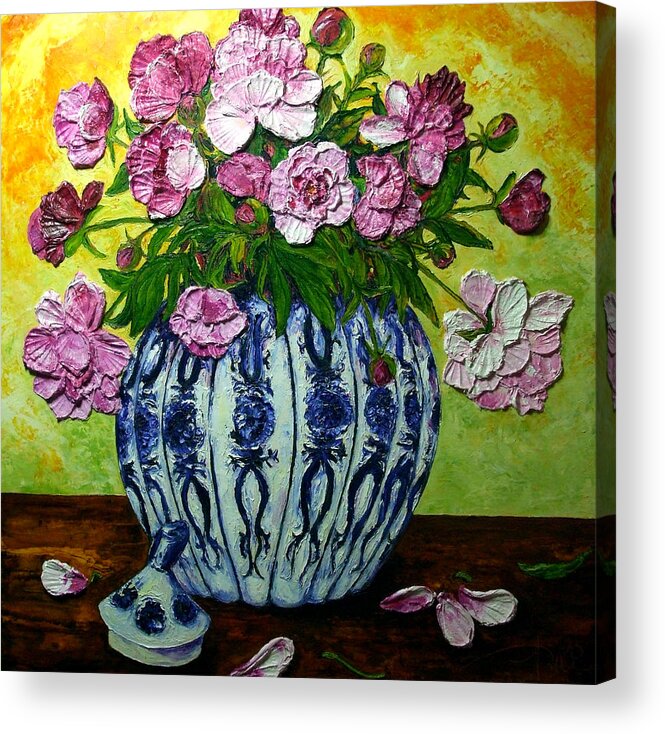 Peony Paintings Acrylic Print featuring the painting Pink Peonies in a Vase by Paris Wyatt Llanso