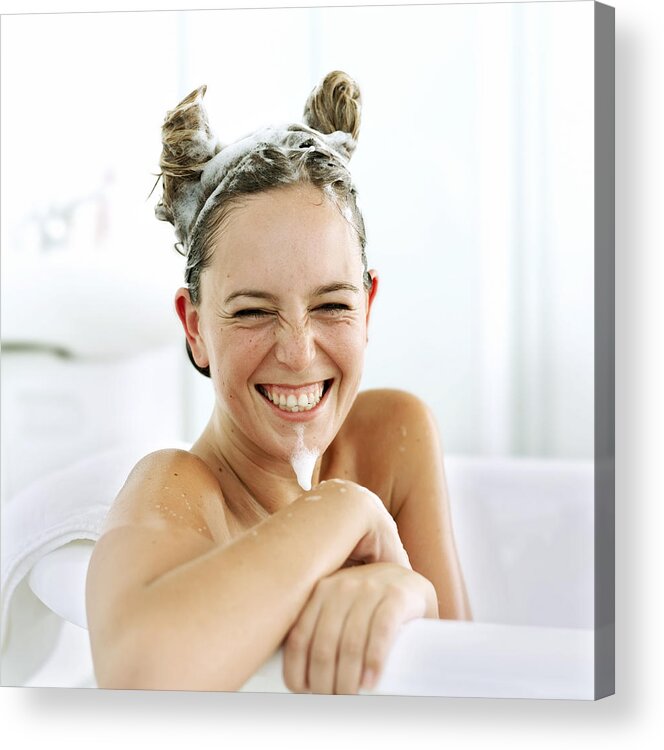 Washing Hair Acrylic Print featuring the photograph Portrait Of A Comical Young Woman In A Bathtub by George Doyle