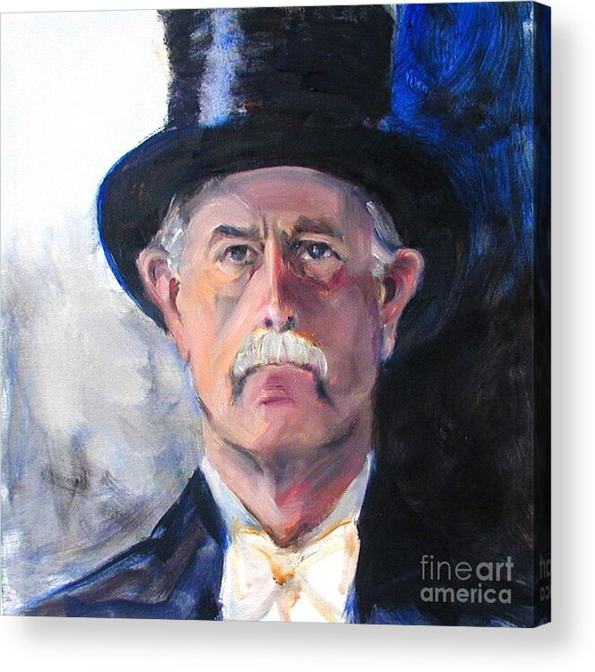 Portrait Painting Of Man Acrylic Print featuring the painting Portrait of a man in top hat by Greta Corens
