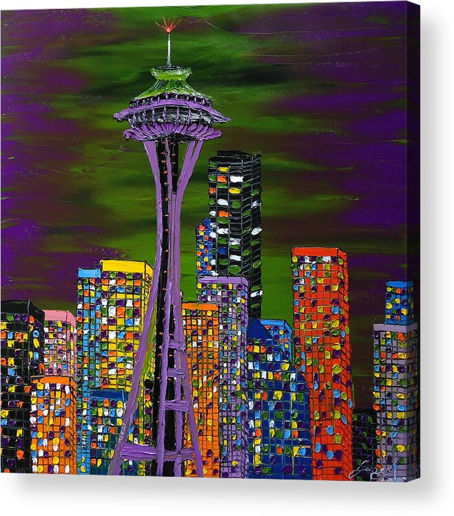 Seatlle Space Needle Acrylic Print featuring the painting Purple Colors Of Emerald City by James Dunbar