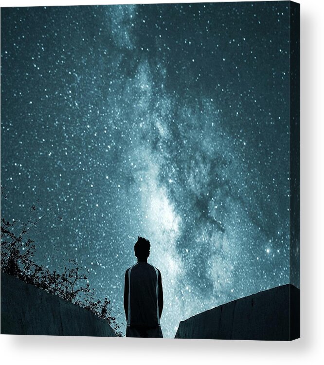 Tranquility Acrylic Print featuring the photograph Rear View Of Man Looking At Star Field by Cal Ag / Eyeem