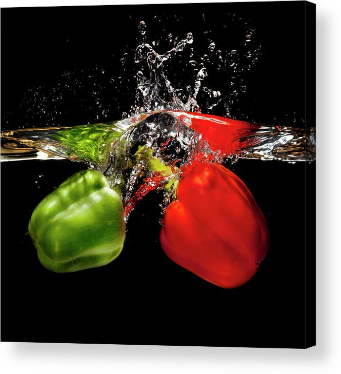 Two Objects Acrylic Print featuring the photograph Red And Green Pepper Splash by Ian Moran