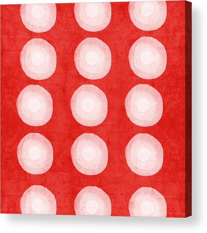 Shibori Dye Circles Pattern Shibori Look Red White Texture Pillow Abstract Art Pop Art Geometric Bedroom Art Kitchen Art Living Room Art Gallery Wall Art Art For Interior Designers Hospitality Art Set Design Wedding Gift Art By Linda Woods Acrylic Print featuring the painting Red and White Shibori Circles by Linda Woods
