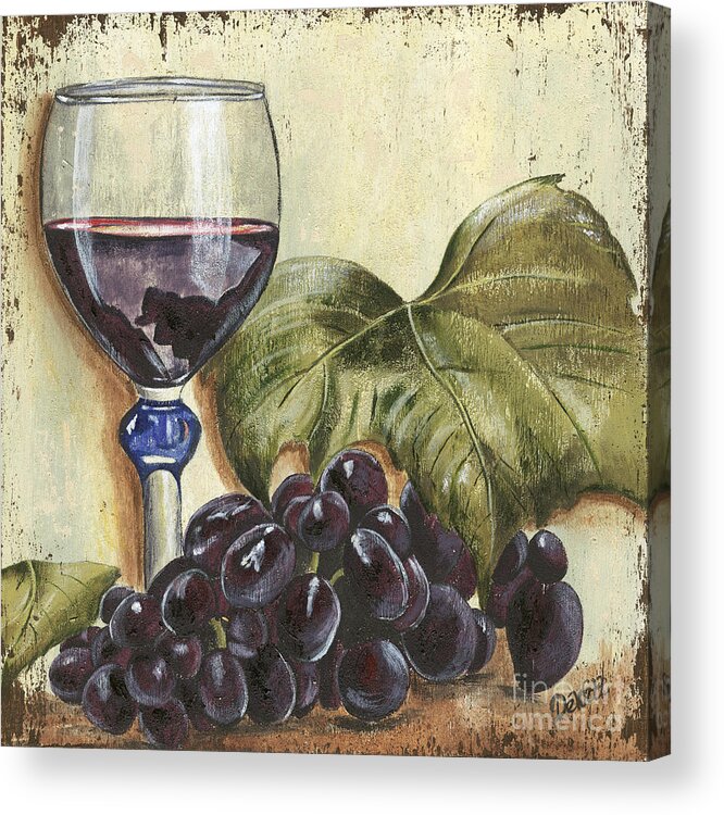 Wine Acrylic Print featuring the painting Red Wine And Grape Leaf by Debbie DeWitt