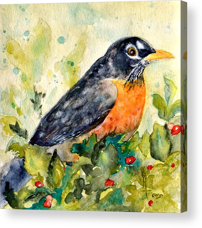 Robin Acrylic Print featuring the painting Robin in the Holly by Beverley Harper Tinsley