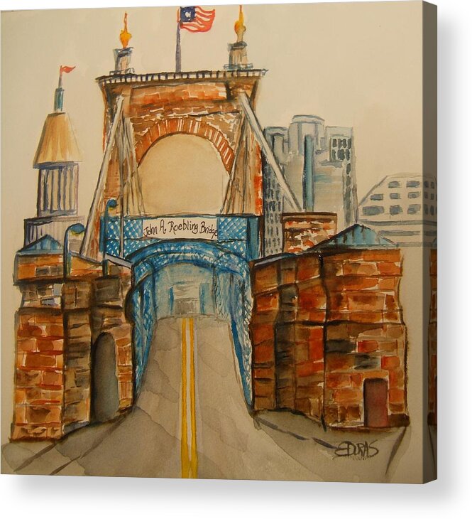 Bridge Acrylic Print featuring the painting Roebling Bridge by Elaine Duras