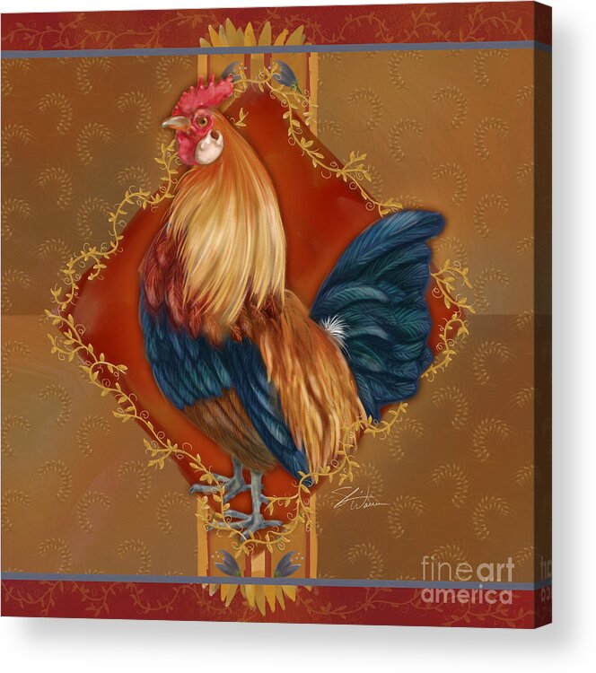Rooster Acrylic Print featuring the mixed media Rooster on Red and Gold I by Shari Warren