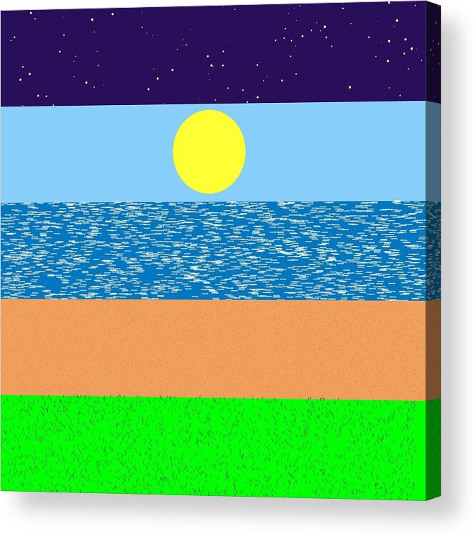 Night Sky Stars Nature Sun Sea Ocean Blue Sand Grass Rithmart Naive Folk Acrylic Print featuring the digital art Scapes.1 by Gareth Lewis