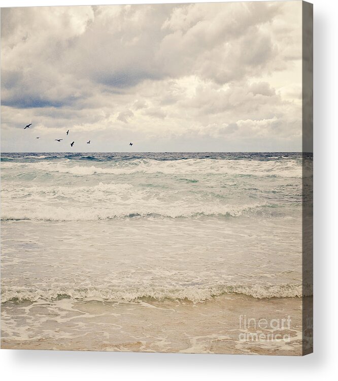 Birds Acrylic Print featuring the photograph Seagulls take flight over the sea by Lyn Randle