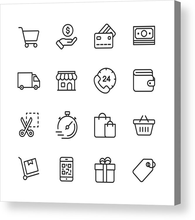 Coin Acrylic Print featuring the drawing Shopping and E-commerce Line Icons. Editable Stroke. Pixel Perfect. For Mobile and Web. Contains such icons as Credit Card, E-commerce, Online Payments, Shipping, Discount. by Rambo182