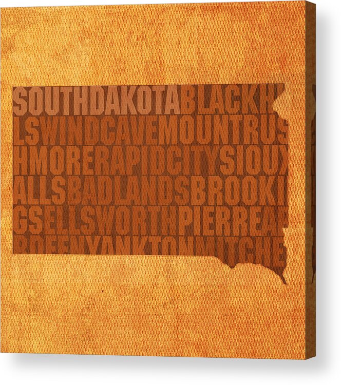 South Dakota Word Art State Map On Canvas Acrylic Print featuring the mixed media South Dakota Word Art State Map on Canvas by Design Turnpike