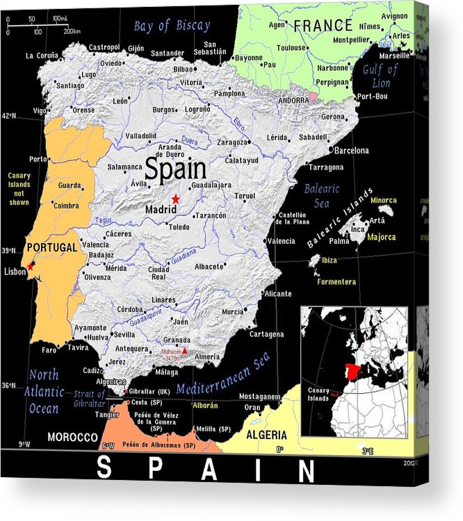 Spain Acrylic Print featuring the mixed media Spain Exotic Map by Florene Welebny