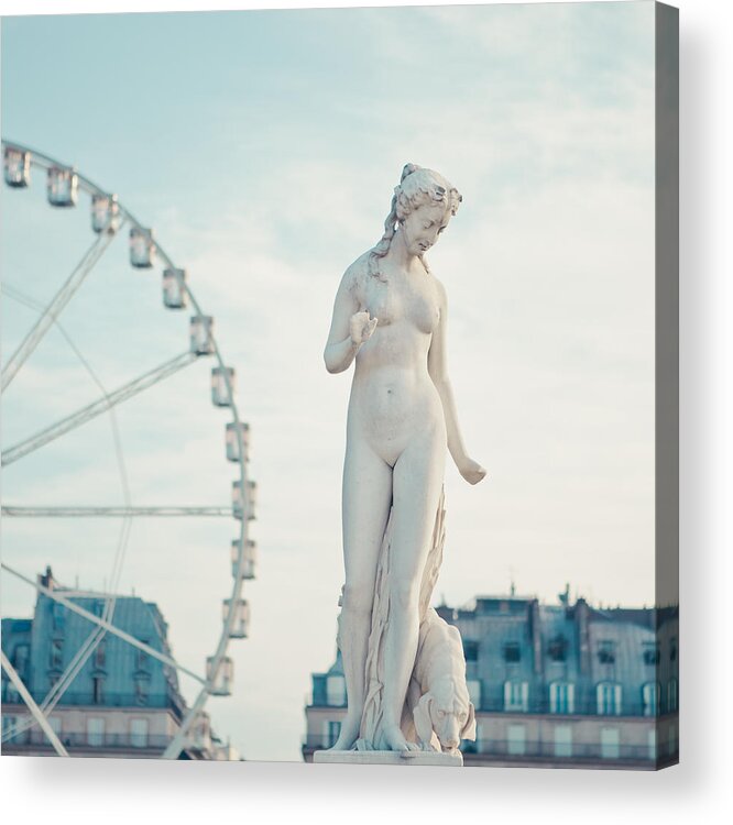 Statue Acrylic Print featuring the photograph Statue of naked lady and carrousel in back by Cindy Prins