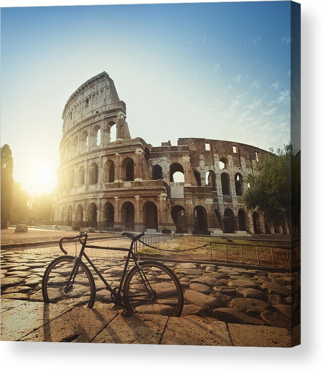 Hipster Acrylic Print featuring the photograph Stylish fixie bicycle in front of the Coliseum of Rome by Piola666
