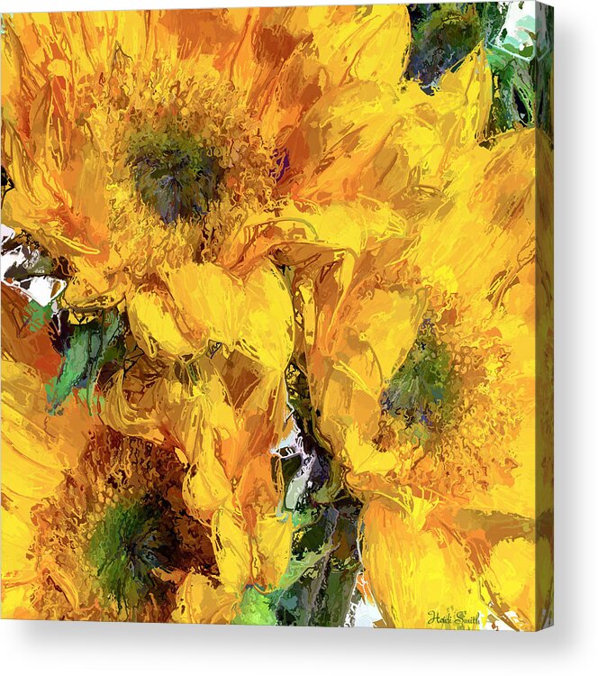 Yellow Acrylic Print featuring the photograph Sunflower Trio Painterly by Heidi Smith