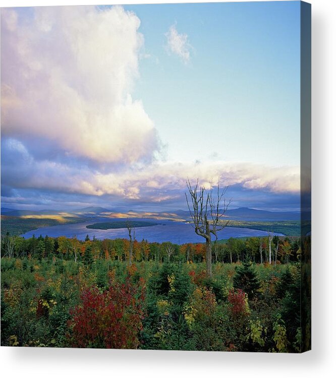 Scenics Acrylic Print featuring the photograph Sunrise at Height of Land Moose Lookmeguntic Lake in the Autumn, Maine, USA. by Jeff Foott