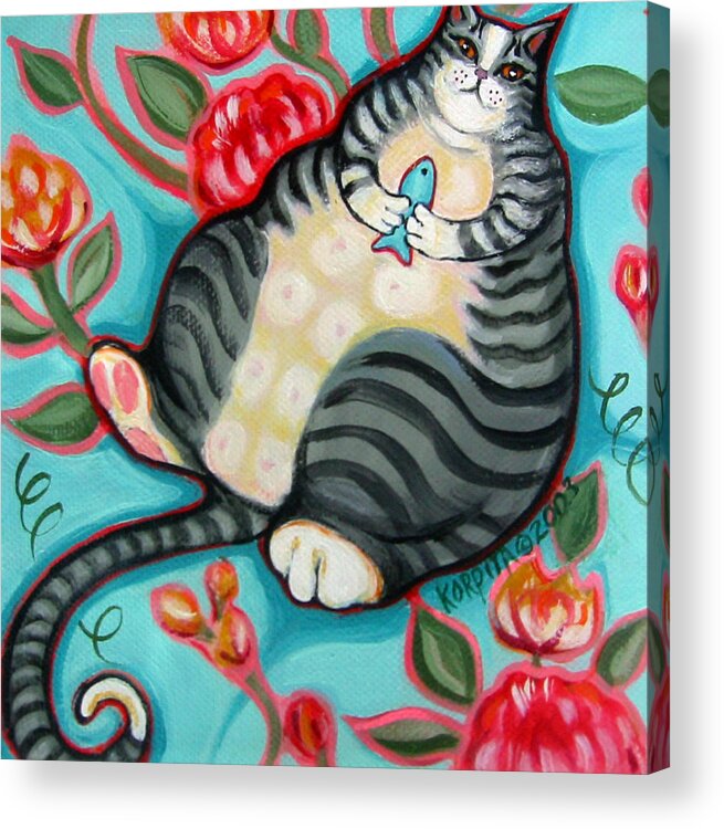 Rebecca Korpita Acrylic Print featuring the painting Tabby Cat on a Cushion by Rebecca Korpita