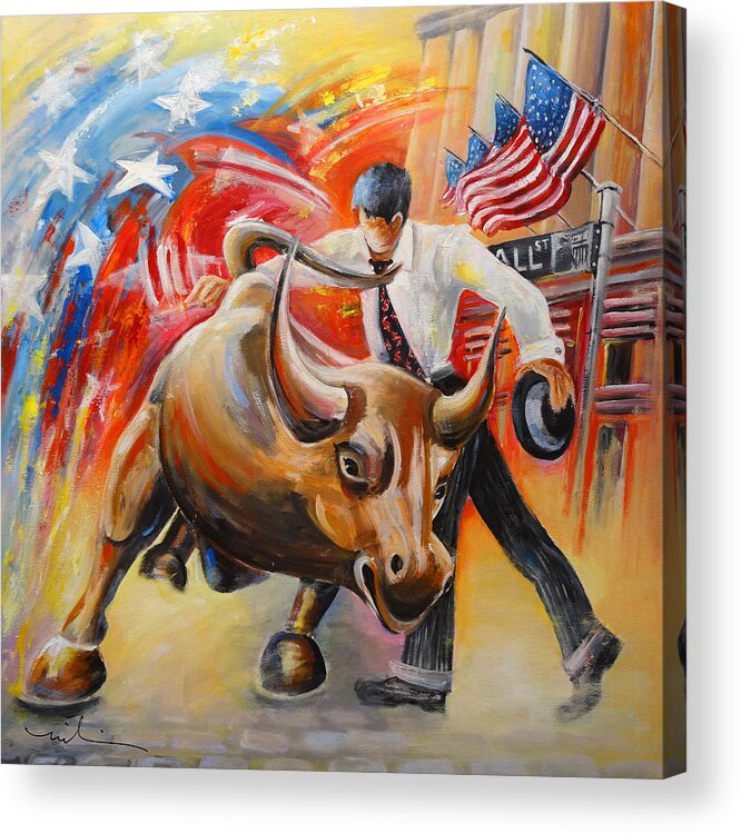 Expressionism Acrylic Print featuring the painting Taking on The Wall Street Bull by Miki De Goodaboom