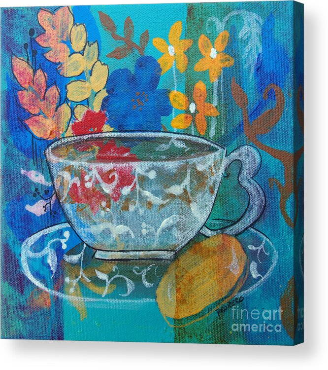 Tea Cup Acrylic Print featuring the painting Tea With Biscuit by Robin Pedrero