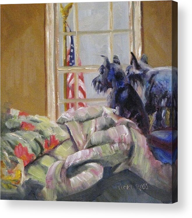 Schnauzer Acrylic Print featuring the painting The Boyz and the Flag by Vicki Ross