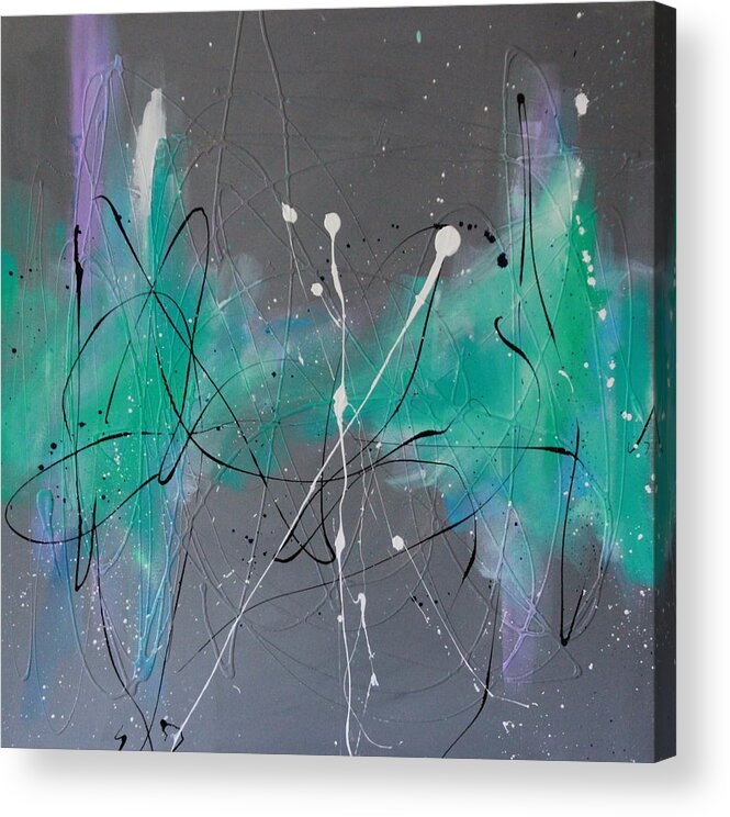 Abstract Mixed Media Contemporary Textured Acrylic Painting On Canvas In Greys Blues Green And Purples Acrylic Print featuring the painting The Wall #2 by Lauren Petit