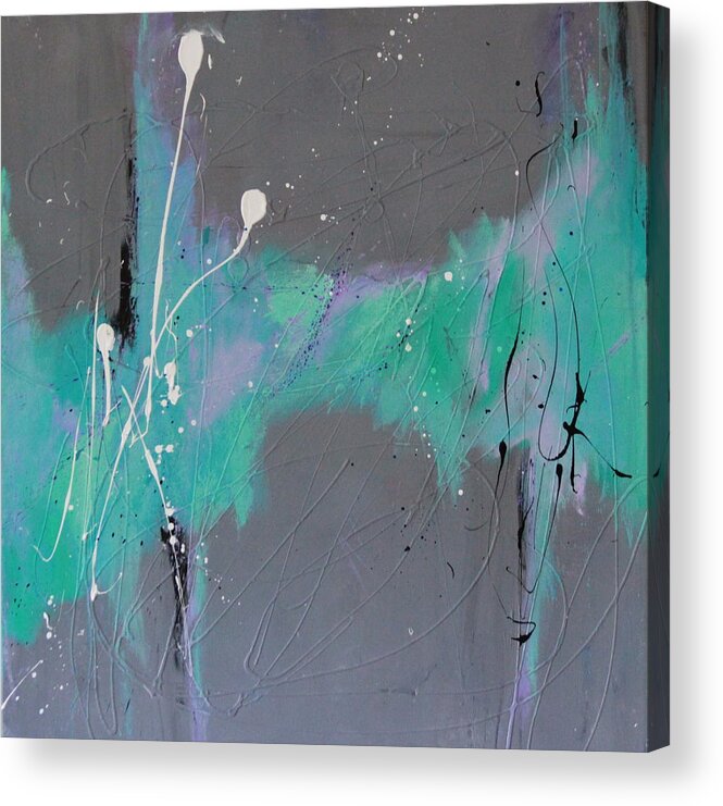 Abstract Mixed Media Contemporary Textured Acrylic Painting On Canvas In Greys Blues Green And Purples Acrylic Print featuring the painting The Wall #3 by Lauren Petit