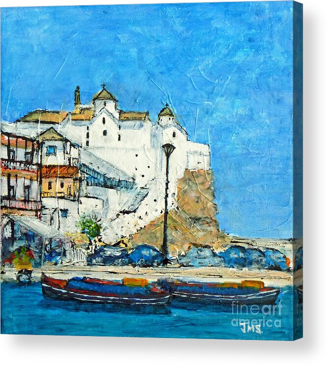 Mixed Media Acrylic Print featuring the painting The White Church Skopelos by Jackie Sherwood