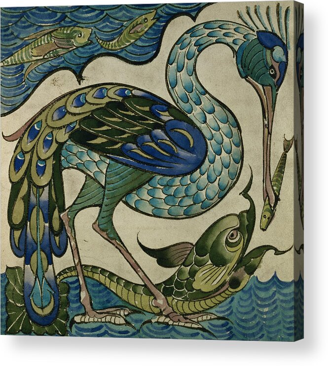 Walter Crane Acrylic Print featuring the painting Tile design of heron and fish by Walter Crane