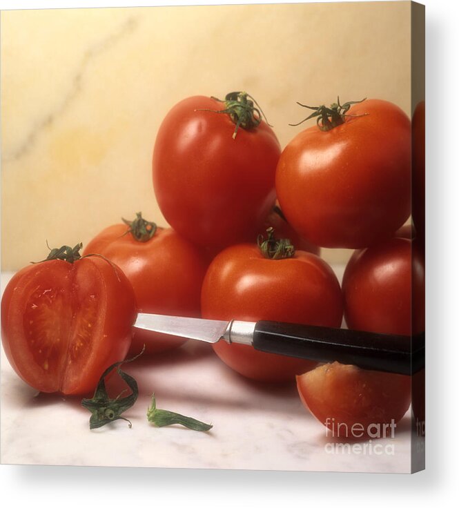 Cut Food Indoors Indoor Inside Knife Knives Nobody Nutrition Sharp Sliced Solanum Lycopersicum Acrylic Print featuring the photograph Tomatoes and a knife by Bernard Jaubert