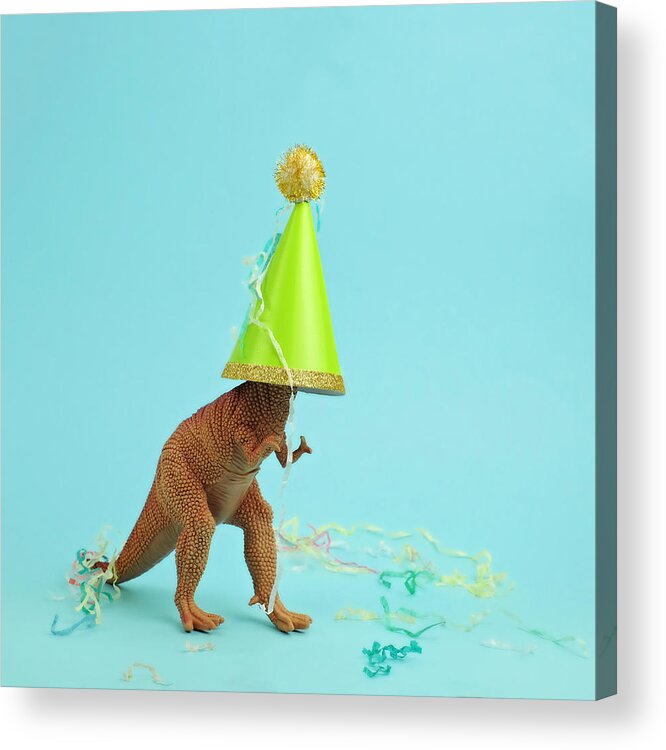 Celebration Acrylic Print featuring the photograph Toy Dinosaur Wearing A Party Hat by Juj Winn