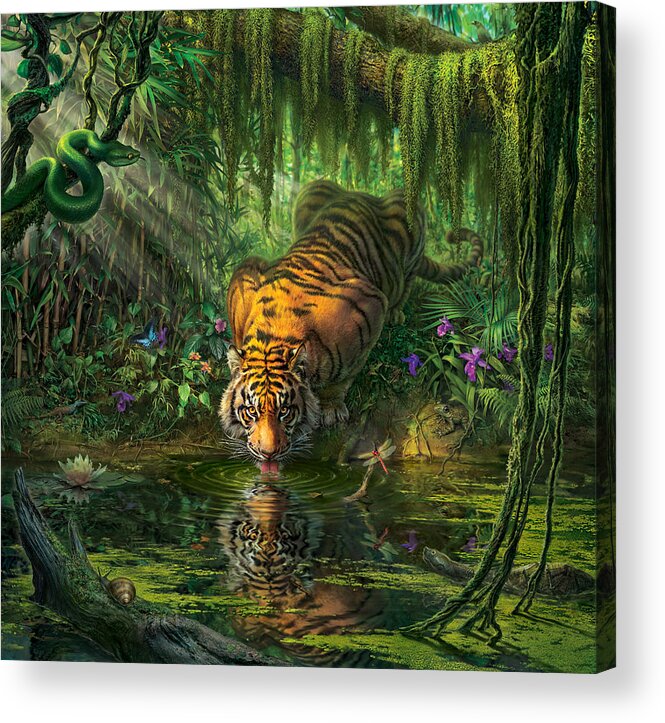 Bambootiger Dragonfly Butterfly Bengal Tiger India Rainforest Junglefredrickson Snail Water Lily Orchid Flowers Vines Snake Viper Pit Viper Frog Toad Palms Pond River Moss Tiger Paintings Jungle Tigers Tiger Art Acrylic Print featuring the digital art Aurora's Garden by Mark Fredrickson