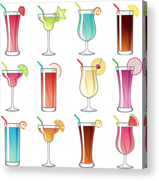 Cherry Acrylic Print featuring the digital art Tropical Cocktail Glass Icons Set by Bortonia