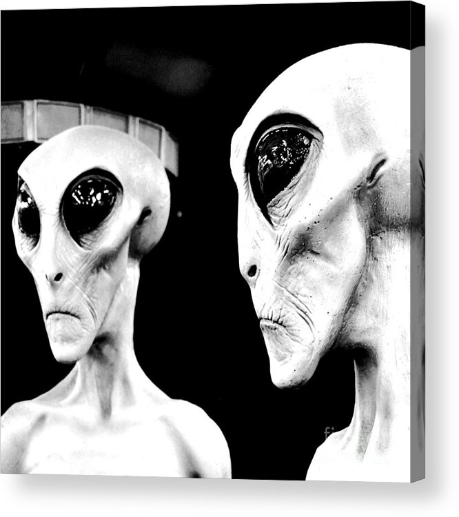 Alien Acrylic Print featuring the digital art Two Grey Aliens Science Fiction Square Format Black and White Conte Crayon Digital Art by Shawn O'Brien