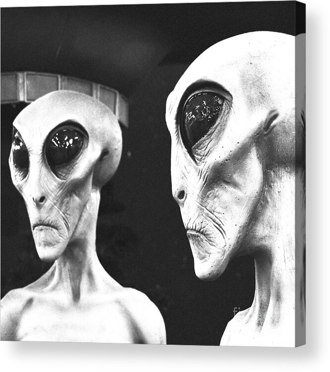 Alien Acrylic Print featuring the digital art Two Grey Aliens Science Fiction Square Format Black and White Film Grain Digital Art by Shawn O'Brien