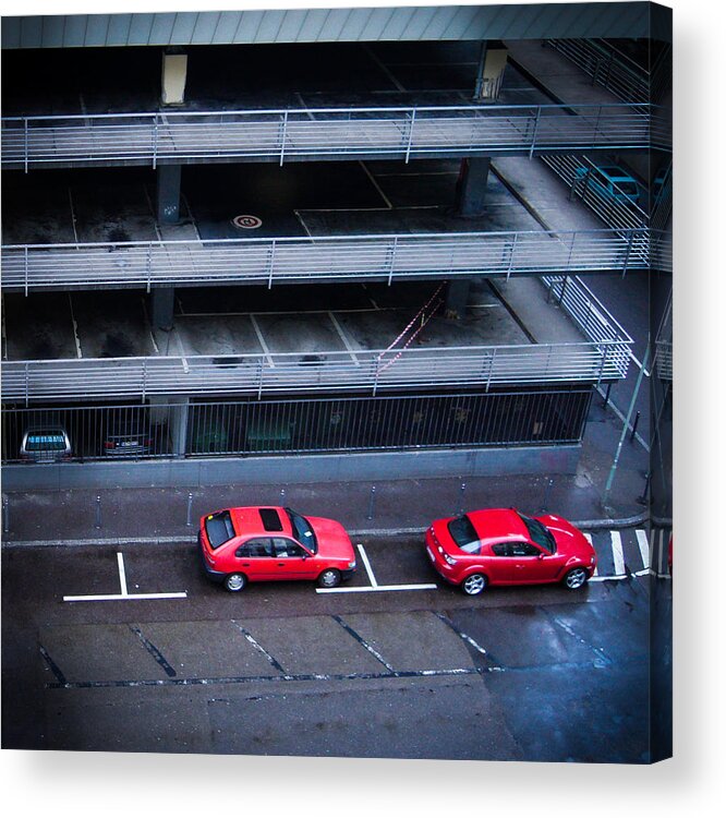 Red Acrylic Print featuring the photograph Two red cars in the city by Matthias Hauser