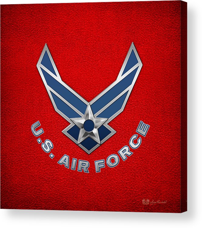 'military Insignia & Heraldry 3d' Collection By Serge Averbukh Acrylic Print featuring the digital art U. S. Air Force - U S A F Logo on Red Leather by Serge Averbukh