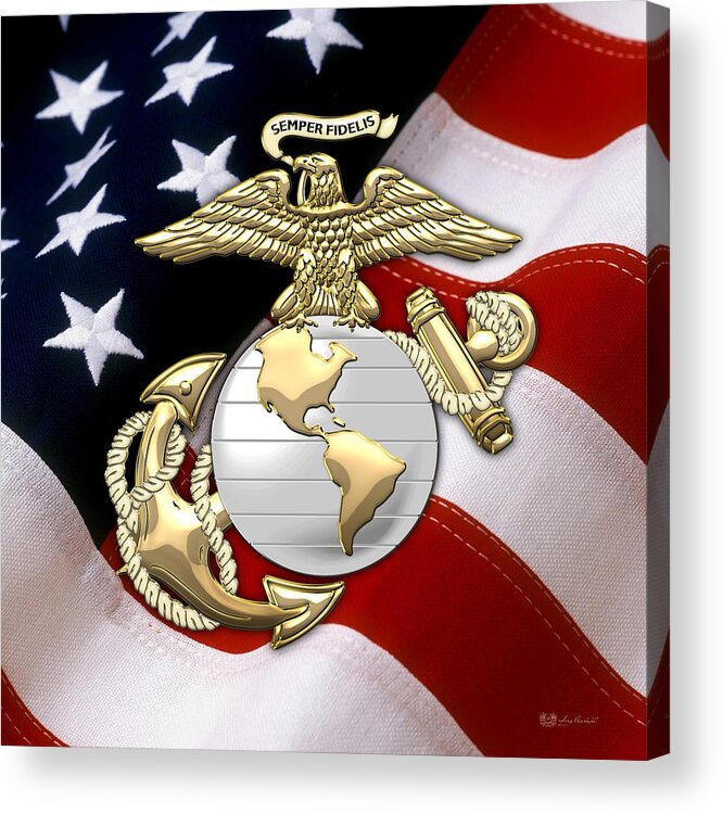 'military Insignia & Heraldry 3d' Collection By Serge Averbukh Acrylic Print featuring the digital art U. S. Marine Corps - U S M C Eagle Globe and Anchor over American Flag. by Serge Averbukh