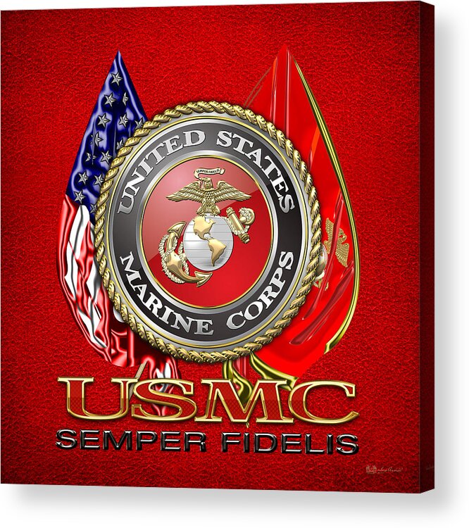 'military Insignia & Heraldry 3d' Collection By Serge Averbukh Acrylic Print featuring the digital art U. S. Marine Corps U S M C Emblem on Red by Serge Averbukh
