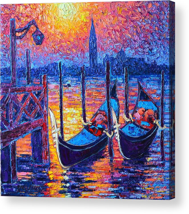 Venice Acrylic Print featuring the painting Venice Mysterious Light - Gondolas And San Giorgio Maggiore Seen From Plaza San Marco by Ana Maria Edulescu